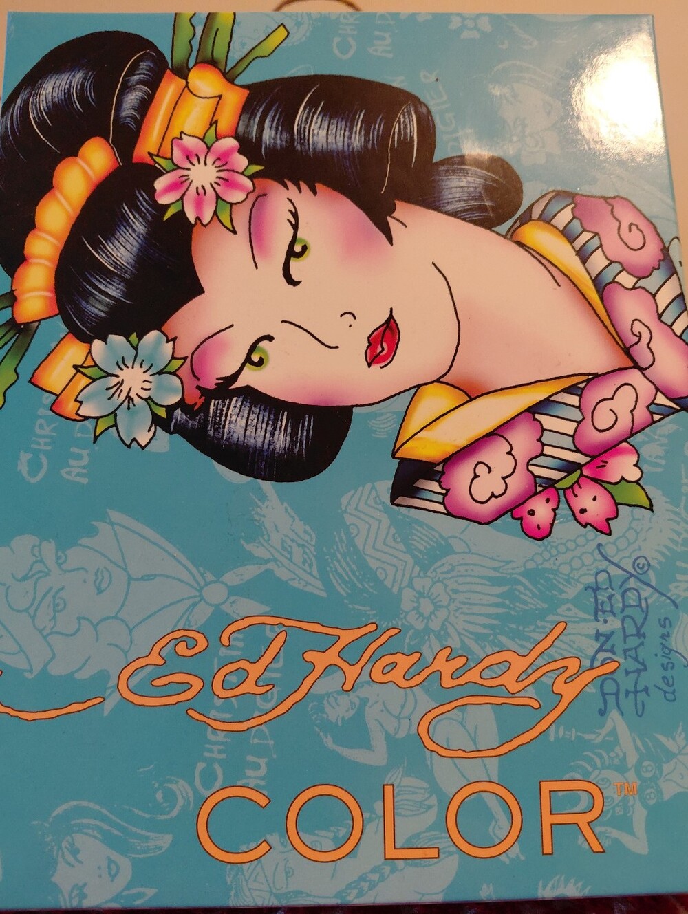 Ed Hardy Turquoise Geisha Print with Pink & Orange Accents